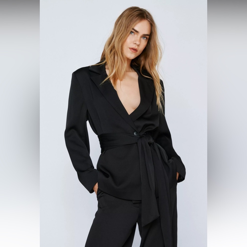 Nasty Gal Satin Crepe Belted Drape Blazer
